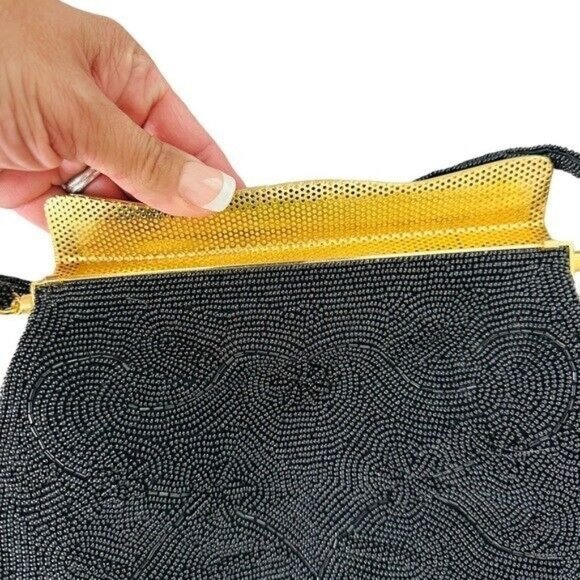 Vintage Black Seed Bead Evening Bag ~ Retro ART DECO Style Gold Frame JAPAN - Picture 4 of 9